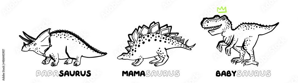 Doodle family dino saurus. Cute dinosaur doodle card or poster. Funny Dino collection. Textile design for baby boy on white background. Cartoon monster vector illustration. Doodle family dino saurus. Cute dinosaur doodle card or poster. Funny Dino collection. Textile design for baby boy on white background. Cartoon monster vector illustration.
