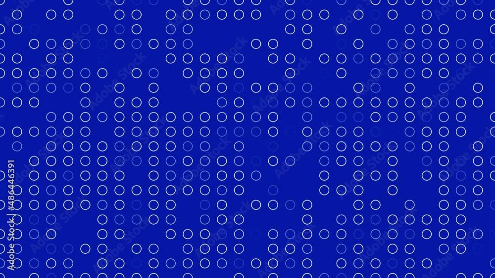 Abstract blue background with moving and glowing circle mosaic particles. Seamless loopable animation.