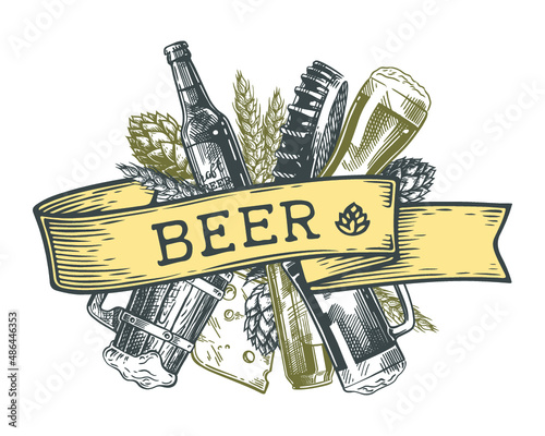 Vector hand drawn template illustration of beer and appetizers. Bottle, glass, ribbon, hop, cheese and wheat. Vintage vector engraving illustration for restaurant, menu, shop, market, sale. 