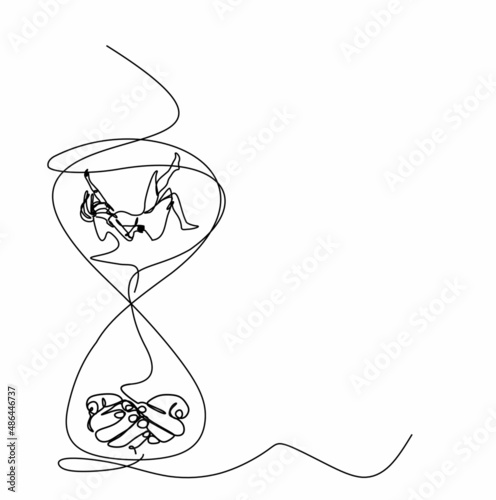 a continuous drawing of an hourglass, a woman falling into reliable male hands. The concept of the psychology of trust