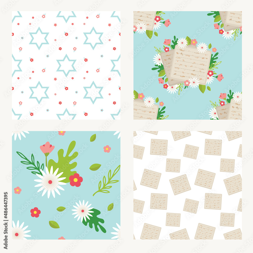 passover seamless pattern set. Jewish holiday . Pesach patterns for templates, invitations and design with matzah, david star and spring flowers . vector illustration