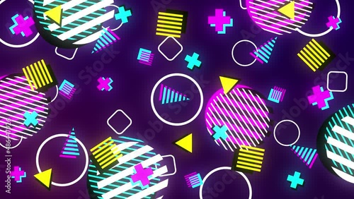 Retro abstract  90's style design background animation. Neon geometrical shapes of different vintage colors. Seamless loop 4k pop art design.Violet, yellow, purple, green, blue, cyan and pink colors.  photo