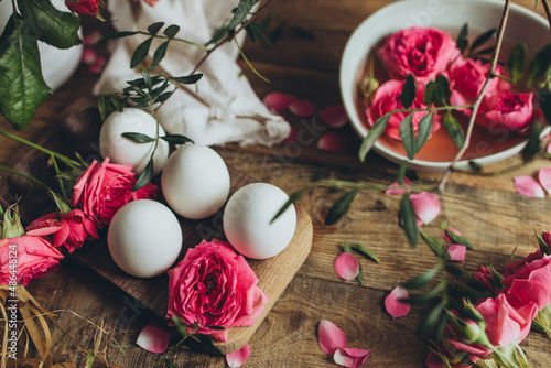 On the table prepared eggs for coloring for Easter