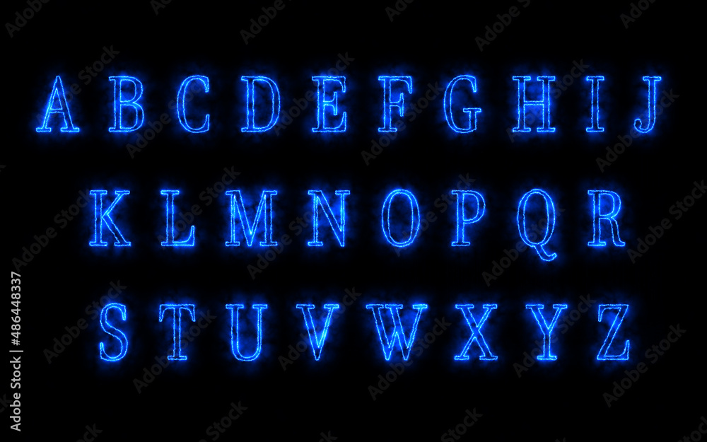 Alphabets Set For science and High Technology. Futuristic Letters with Blue Energetic Proton Glow Effect 