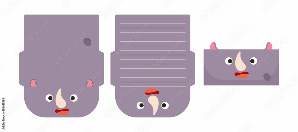 Cute lovely rhino letter writing stationery paper laser cutting card template. Animal design for greeting, invitation, thank you cards. Vector stock illustration. Cute lovely rhino letter writing stationery paper laser cutting card template. Animal design for greeting, invitation, thank you cards. Vector stock illustration.
