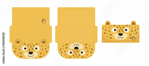 Cute lovely cheetah letter writing stationery paper laser cutting card template. Animal design for greeting, invitation, thank you cards. Vector stock illustration.