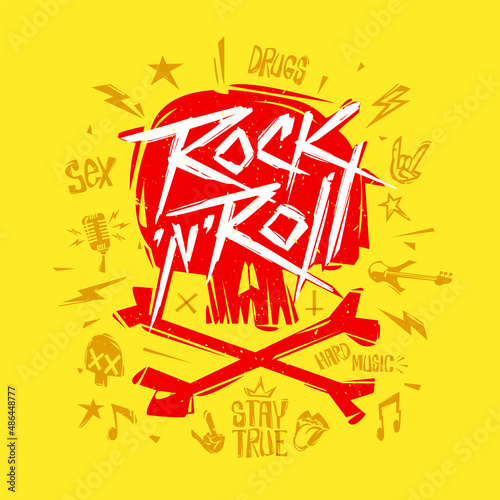 Rock'n'Roll Print design with doodle punk elements, skull shape - editable vector illustration. Rock party design isolated from white. Rock'n'Roll party Tee print stamp t-shirt, print fabric