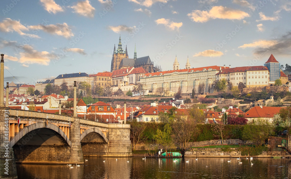 Evening sky  View of Prague Castle and Charles Bridge in spring season at  Czech Republic.