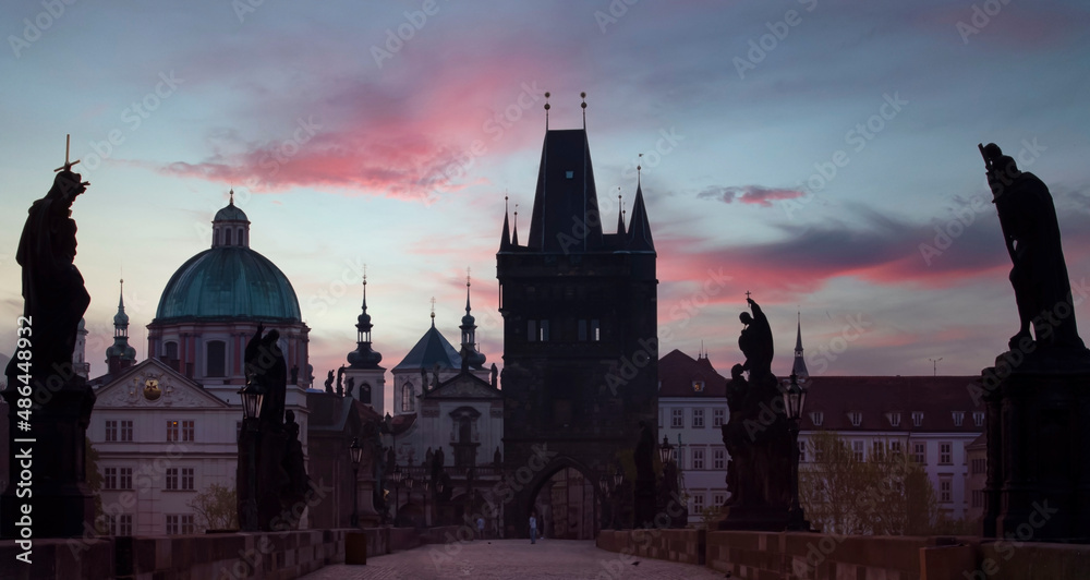 Silhouette view  in Prague, Czech Republic. Charles Bridge (Karluv Most) and Old Town Tower at sunrise in the morning scene