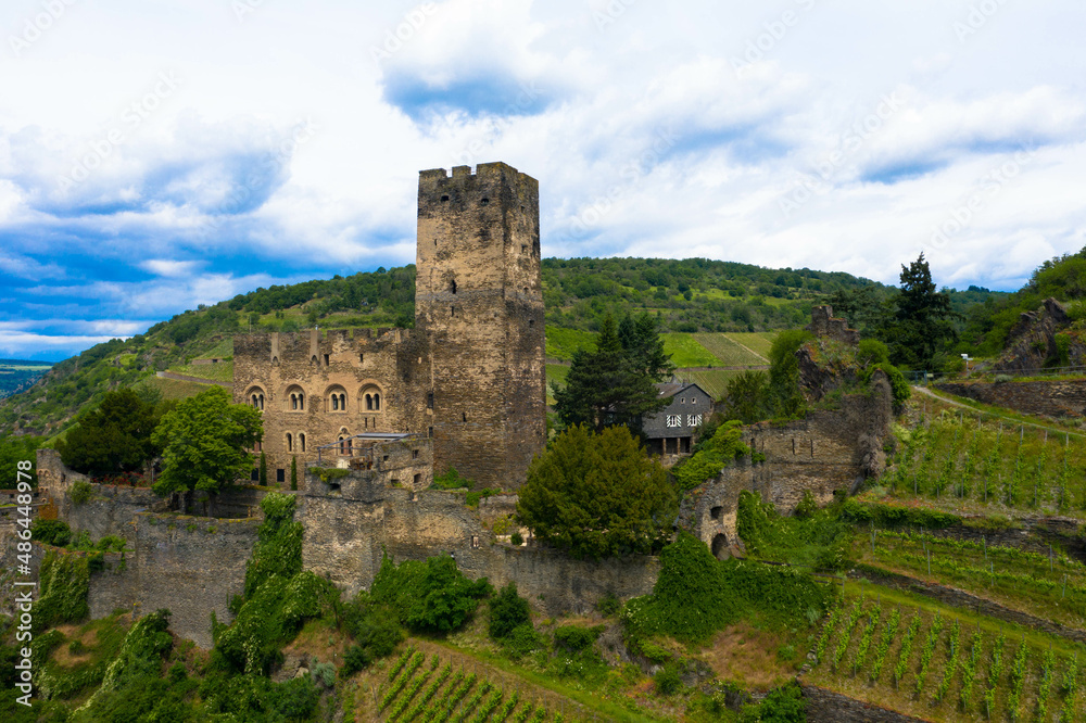 Panoramic view of Gutenfels Castle in the Rhine Valley near the village of Kaub, Germany. Rhineland-Palatinate, Upper Middle Rhine