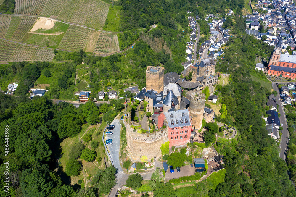 Aerial view of the town of Oberwesel on the Middle Rhine. Beautiful panoramic Rhine landscape with Schonburg Castle. Rhineland-Palatinate, Germany