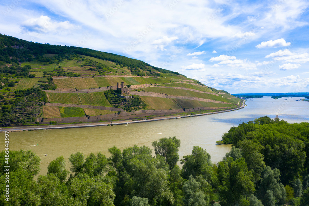Obraz premium Aerial view of Middle Rhine Valley with some vineyards. Drone photography. Rhineland-Palatinate, Germany