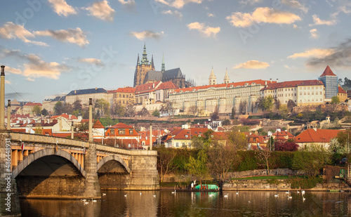 Evening sky View of Prague Castle and Charles Bridge in spring season at Czech Republic.