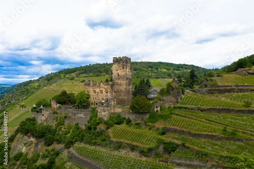 Panoramic view of Gutenfels Castle in the Rhine Valley near the village of Kaub, Germany. Rhineland-Palatinate, Upper Middle Rhine