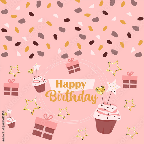 Happy birthday greeting card template with glitter stars and cupcake  vector illustration  hand drawn style