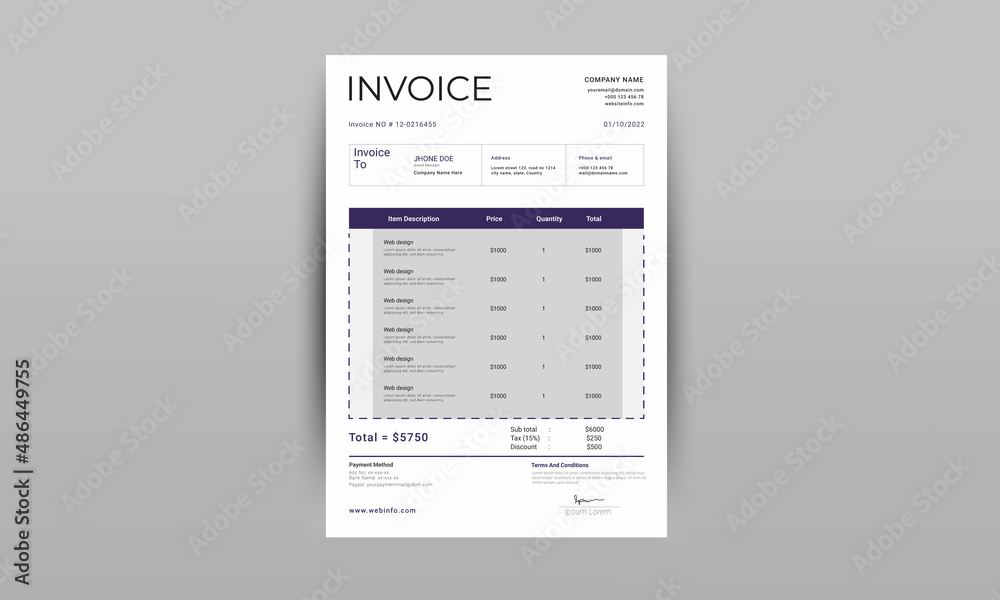 Invoice template, billing template for business,  print-ready invoice	
