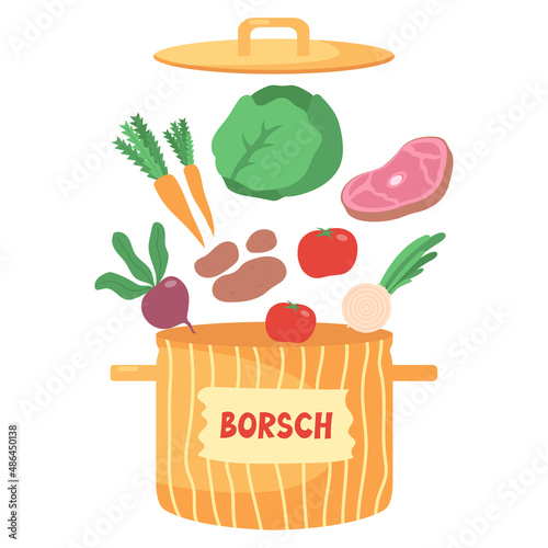 Ingredients for borsch: meat, beets, potatoes, carrots, onions, cabbage, tomatoes. Traditional Ukrainian soup in a orange pot Isolated on a white background. 