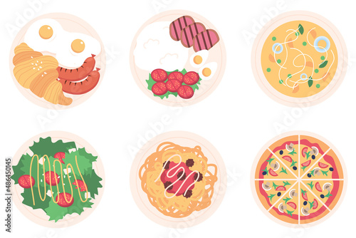 Cartoon various dishes: fried eggs, mashed potatoes, soup, salad, pasta and pizza isolated on a white background. Breakfast, lunch and dinner.