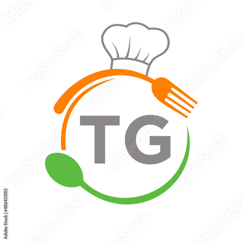 Letter TG Restaurant Logo with Chef Hat Spoon And Fork Template. Restaurant Logo On Letter TG Barbecue, Cafe Logo Vector
