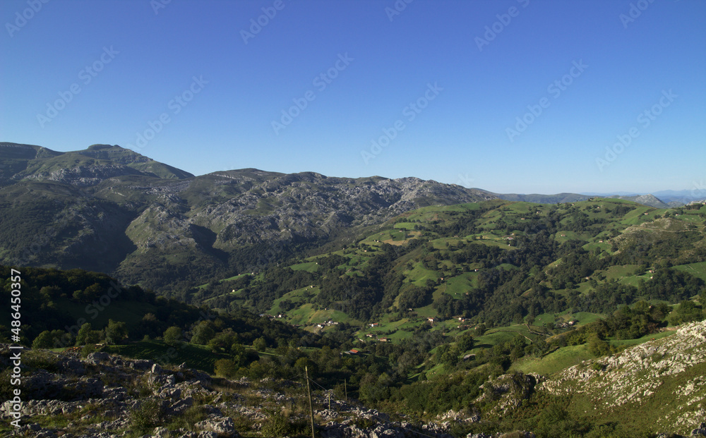 Obraz premium Mountainous part of Cantabria in the north of Spain, hiking route in Collados del Ason Natural Park 