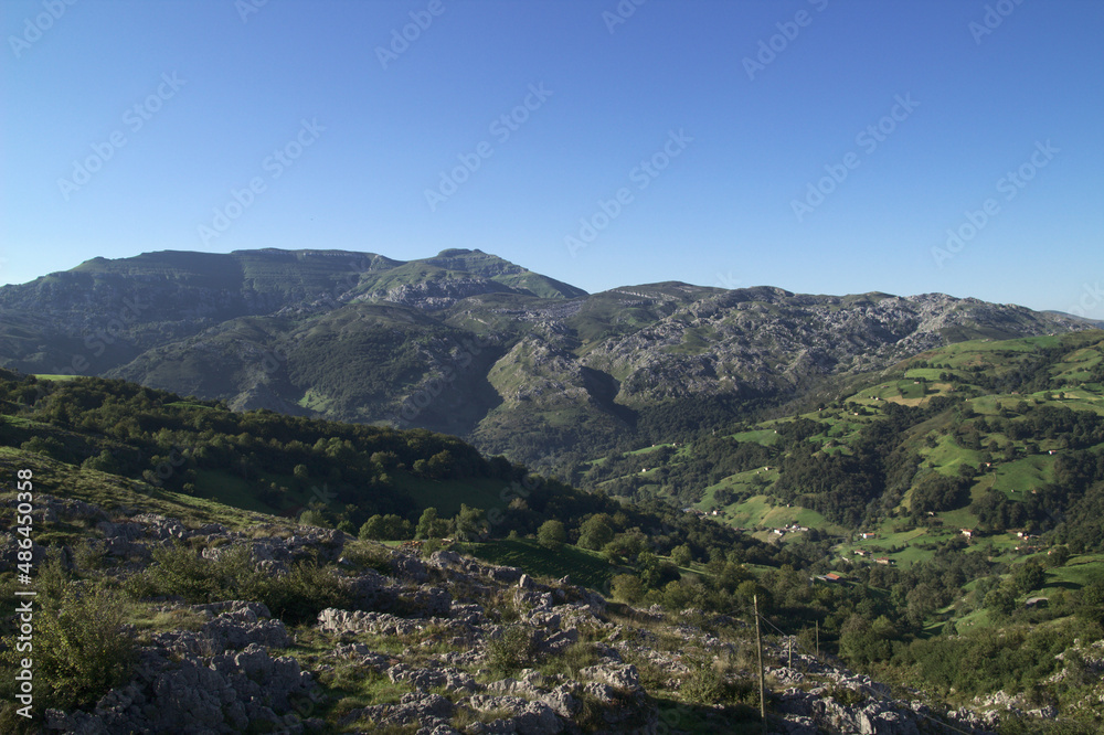 Mountainous part of Cantabria in the north of Spain, hiking route in Collados del Ason Natural Park
