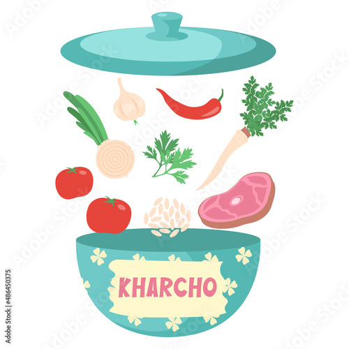 Ingredients for kharcho: chili pepper, beef, tomatoes, onion, garlic, parsley root, rice and cilantro. Georgian soup in a blue pot Isolated on a white background. 