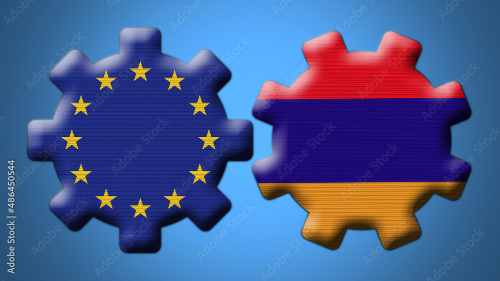 Naklejka premium Armenia and European Union Wheel Gears Flags – 3D Illustration