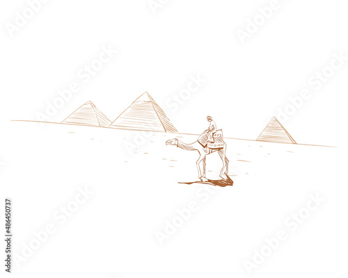 Egypt. Giza. Pyramids. Beautiful view. Hand drawn sketch, vector illustration