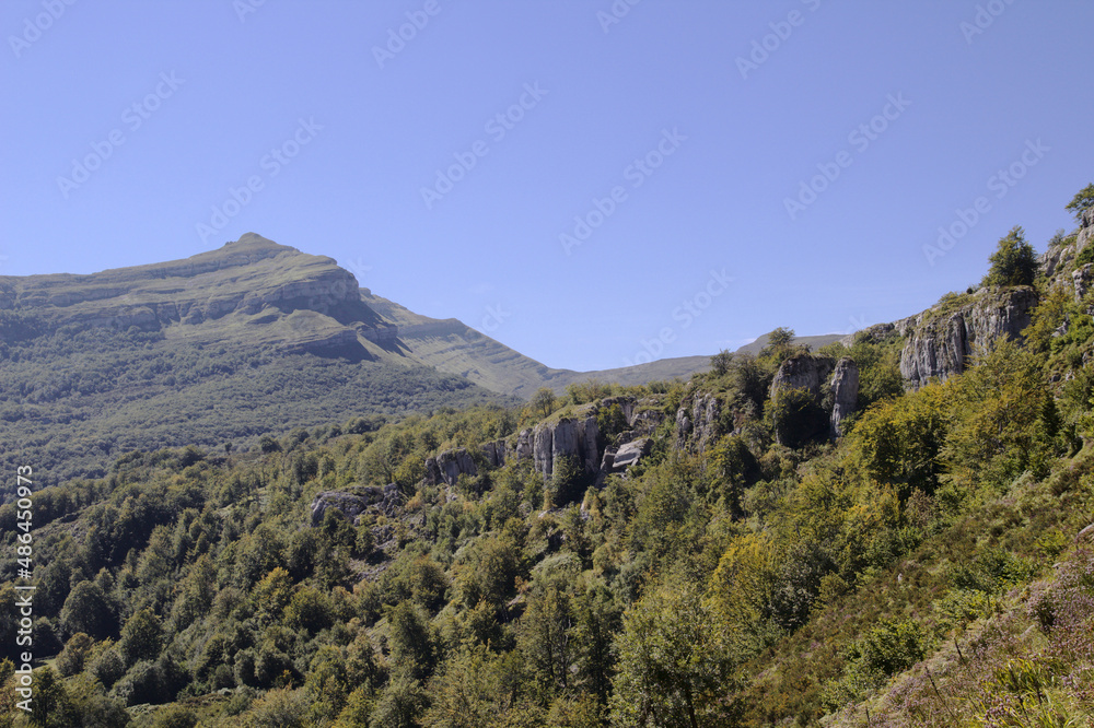 Mountainous part of Cantabria in the north of Spain, hiking route in Collados del Ason Natural Park
