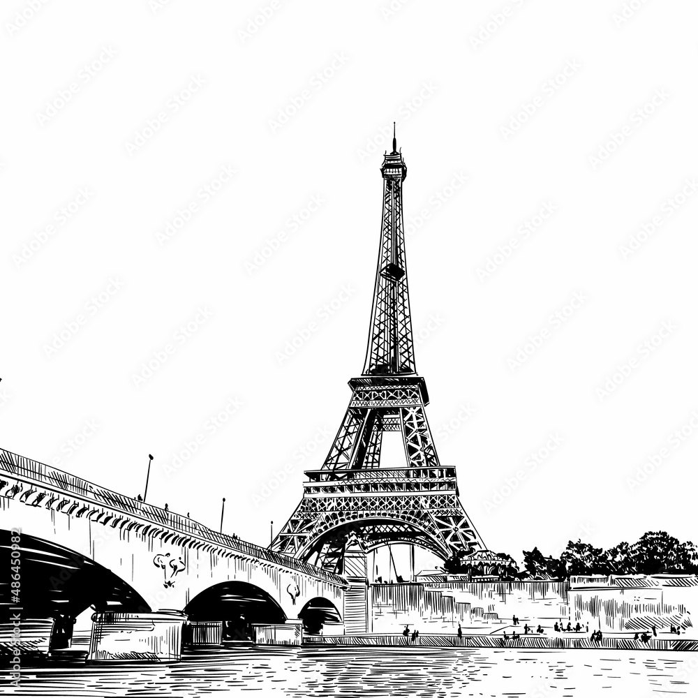 Eiffel Tower vector sketch. Paris, France. Hand drawn vector illustration