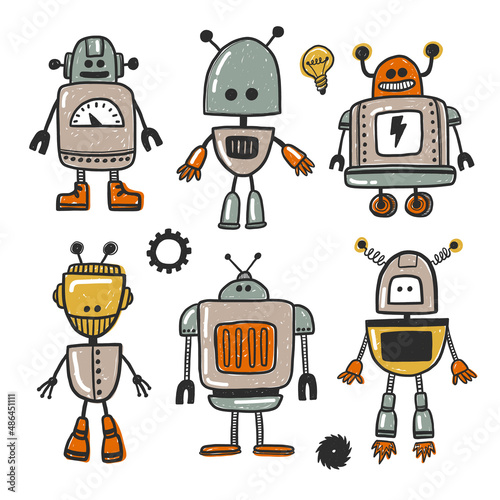 Robot character hand drawn illustration set. Super geek. Cute robot toy sticker collection. Grunge stylized living machine. Comic modern humanoid poster design element.
