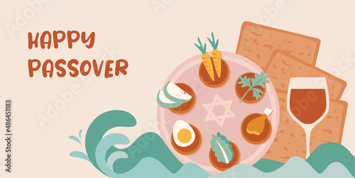 Passover greeting card and abnner. Seder pesach invitation, greeting card template or holiday flyer. happy Passover in English and Hebrew. vector illustration