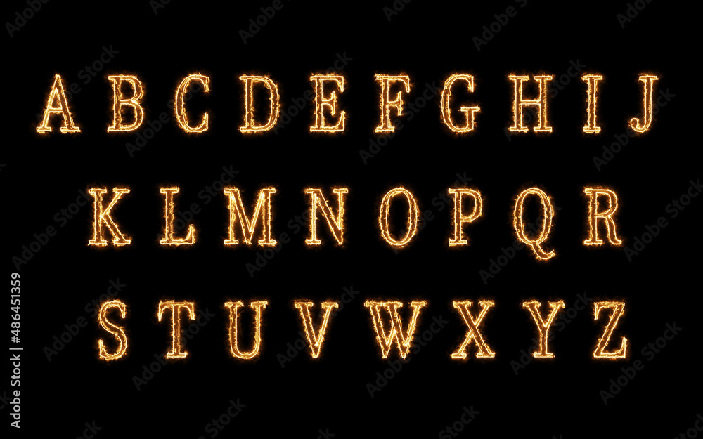 Letters Set Burning with solar fire flames effect. Hot Flaming Alphabets Collection isolated on Balck 