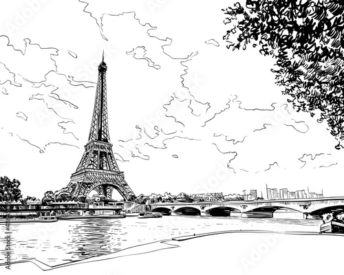 Fototapeta Naklejka Na Ścianę i Meble -  Eiffel Tower vector sketch. Paris, France. Hand drawn vector illustration