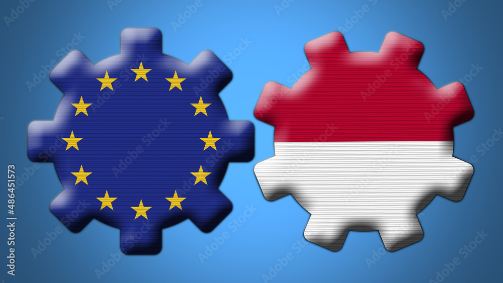 Naklejka premium Indonesia and European Union Wheel Gears Flags – 3D Illustration