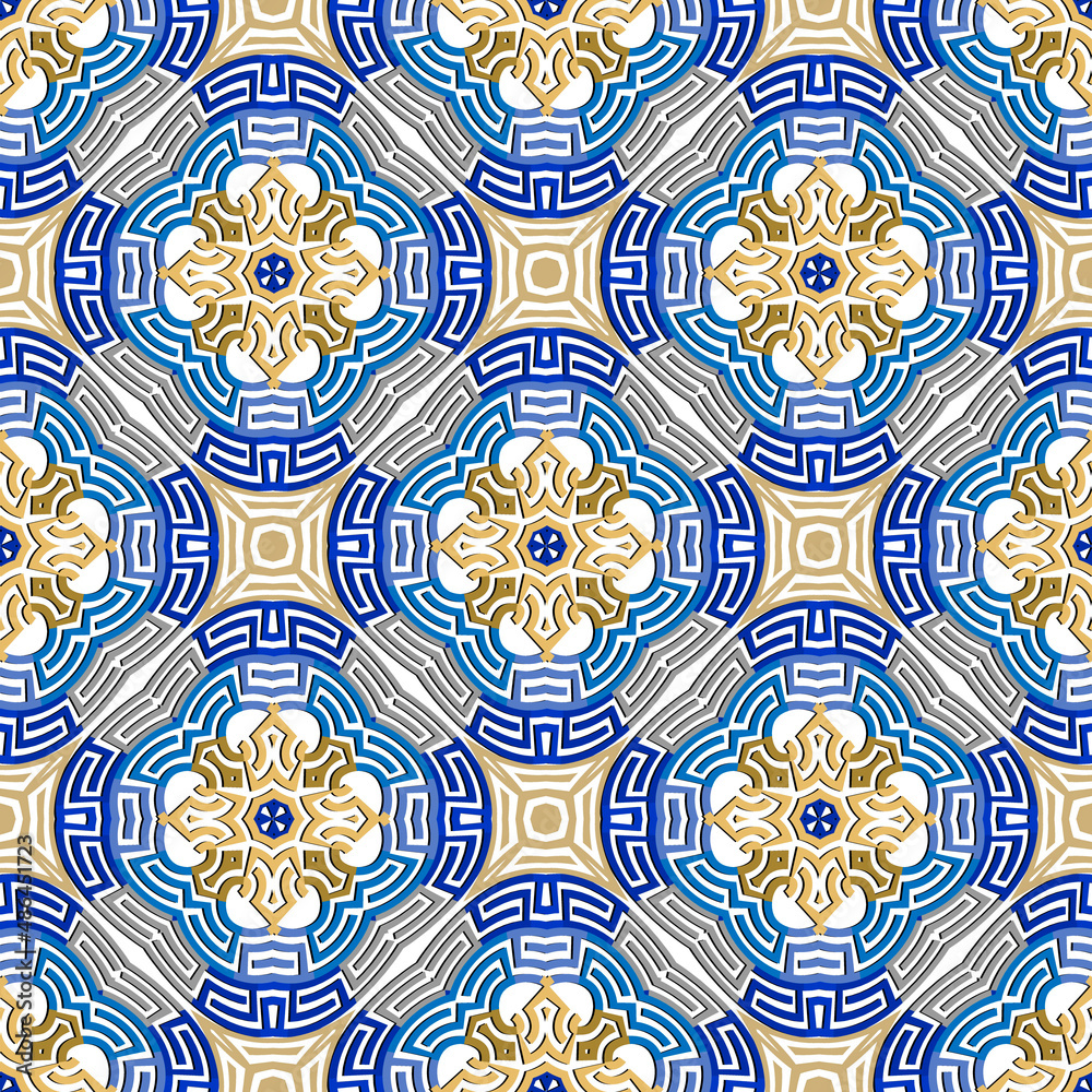 Gold blue tribal elegant seamless pattern. Greek ornamental background. Ornate repeat Deco backdrop. Geometric ornament. Modern symmetrical abstract design. Endless texture. Isolated on white. Vector