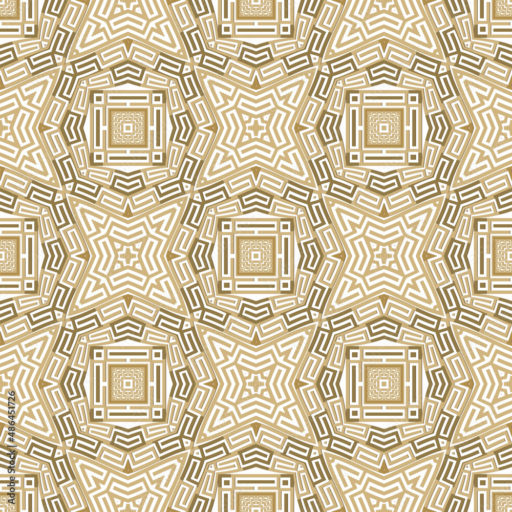 Gold tribal ethnic style seamless pattern. Greek ornamental background. Elegant repeat Deco backdrop. Golden geometric ornaments. Modern symmetrical abstract design. Endless texture. Isolated. Vector