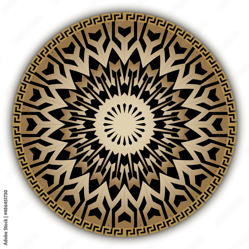 Gold round 3d greek mandala. Beautiful ornate greek pattern. Ornamental vector background. Decorative golden ornament. Circle greek key meanders frame. Zigzag lines, shapes. Geometric design. Rosette