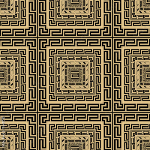 Gold tribal ethnic seamless pattern. Vector plaid tartan background. Greek key, meanders. Square frames, borders, symbols, lines, mazes. Abstract geometric traditional ornaments. Endless texture