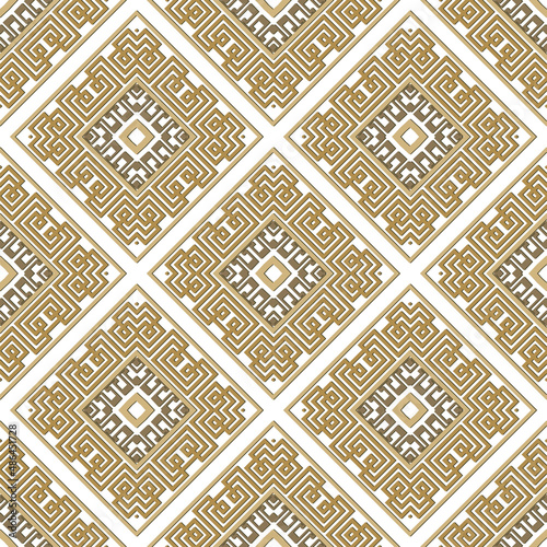 Gold tribal ethnic style seamless pattern. Greek rhombus background. Elegant repeat Deco backdrop. Golden geometric ornaments. Modern symmetrical abstract design. Endless texture. Isolated. Vector