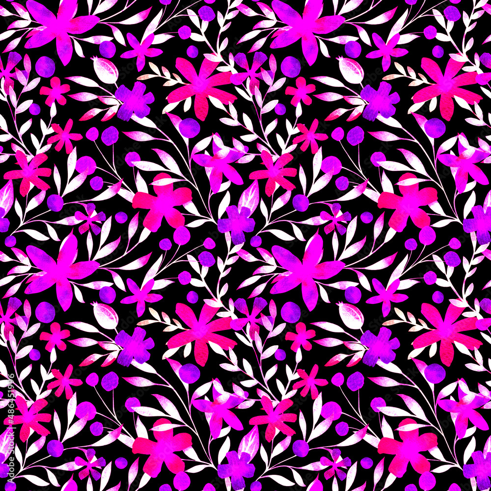 Violet, pink floral seamless pattern. Watercolor very peri neon botanical repeat print. Flowers, leaves fashion design. Foliate background for textile, fabric, wrapping paper, wallpaper, decoration.