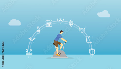 static bike or stationary bicycle concept with man cycling with some health icon related with modern flat style