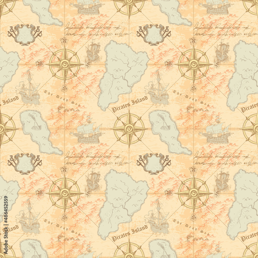 vector image of a seamless texture on the fabric and paper of the ancient nautical map of the sea routes of medieval ships