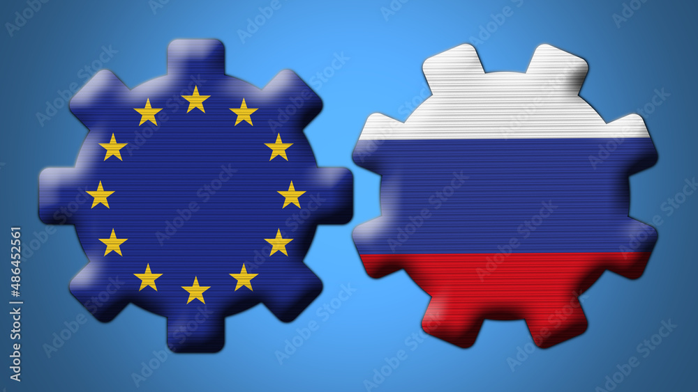 Naklejka premium Russia and European Union Wheel Gears Flags – 3D Illustration
