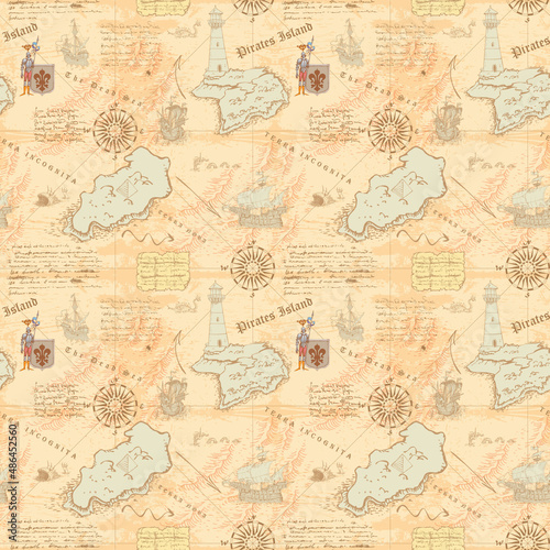 Fototapeta Naklejka Na Ścianę i Meble -  vector image of a seamless texture on the fabric and paper of the ancient nautical map of the sea routes of medieval ships