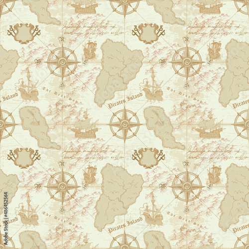 vector image of a seamless texture on the fabric and paper of the ancient nautical map of the sea routes of medieval ships