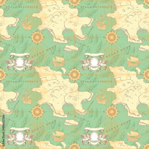 vector image of a seamless texture on the fabric and paper of the ancient nautical map of the sea routes of medieval ships