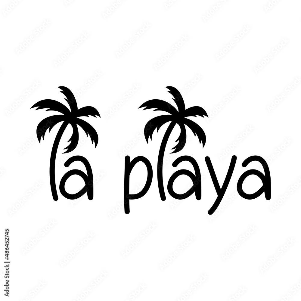 Destino de vacaciones. Banner con texto la playa en español con letra con forma de silueta de palmera en color negro