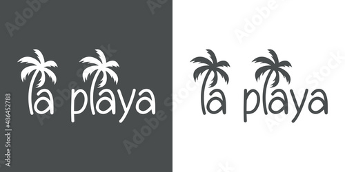 Destino de vacaciones. Banner con texto la playa en español con letra con forma de silueta de palmera en fondo gris y fondo blanco