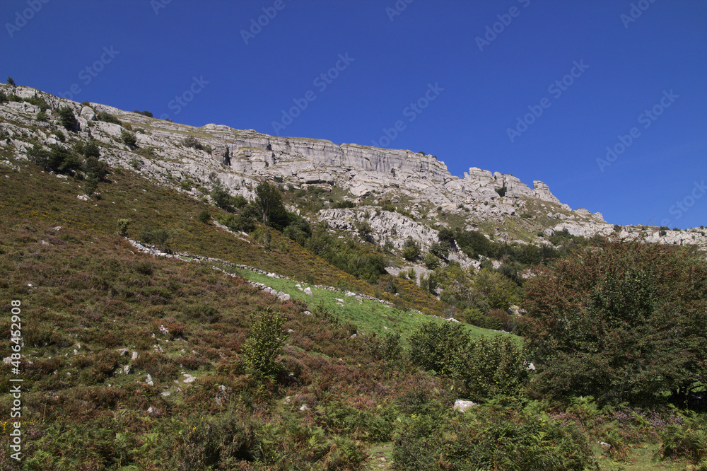 Mountainous part of Cantabria in the north of Spain, hiking route in Collados del Ason Natural Park